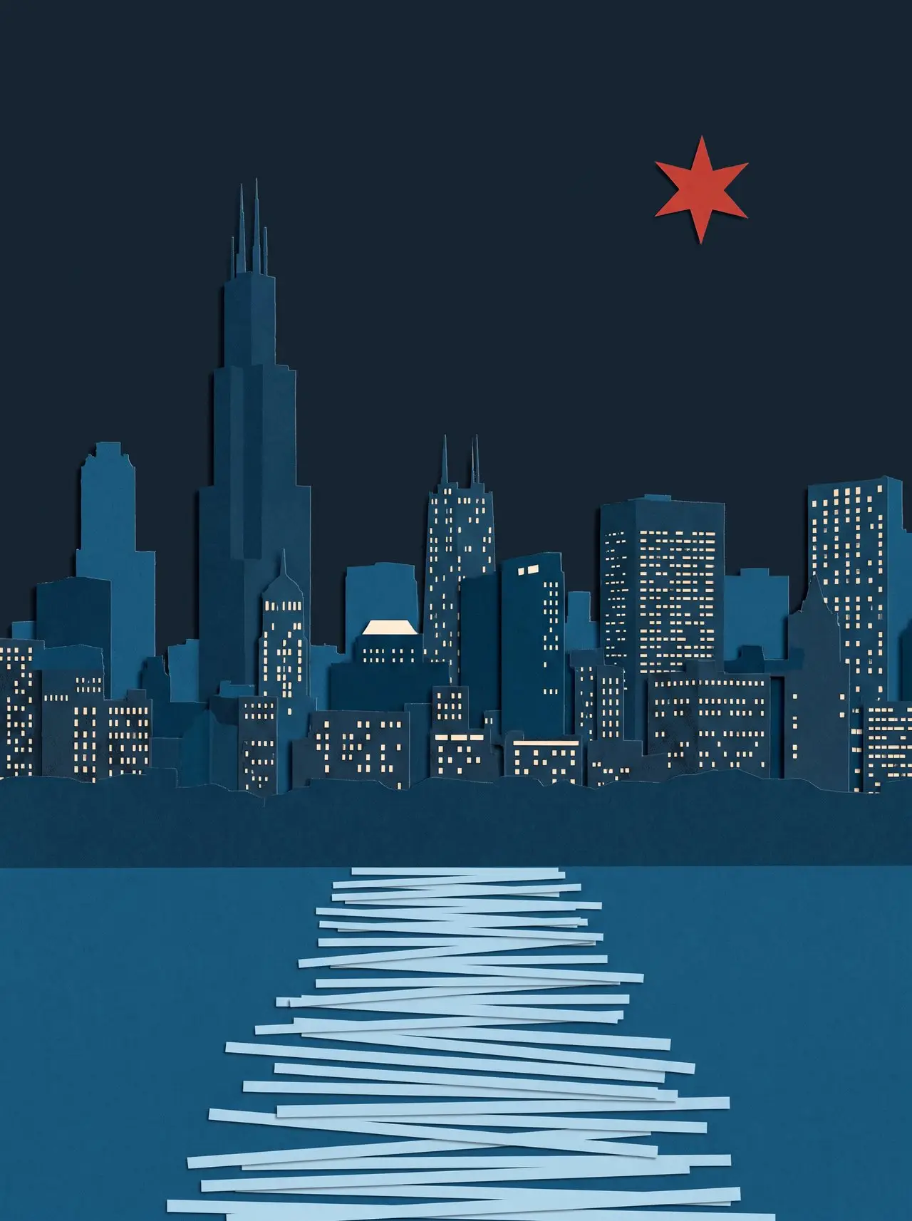 Paper-cut collage of the Chicago skyline at night: layered navy towers with lit windows above the lake, a single red six-pointed star in the sky, and a moonlight path of pale paper strips across the water.